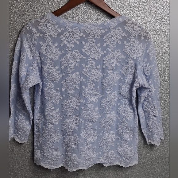 E.R.G. Collection Light Blue Shirt With White Floral Lace Overlay     Size L - Picture 13 of 14